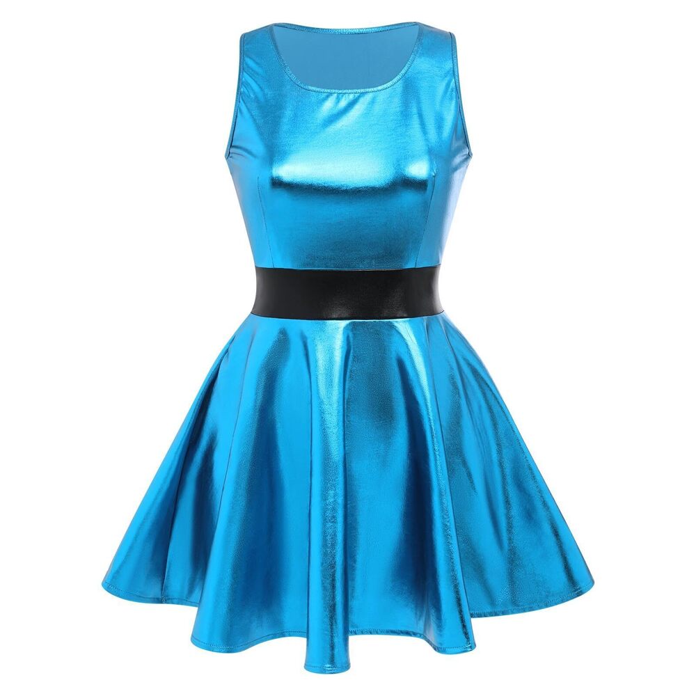 2893 Shiny Metallic Dress Sexy Sleeveless Skater Mini Dress Short Wet Look